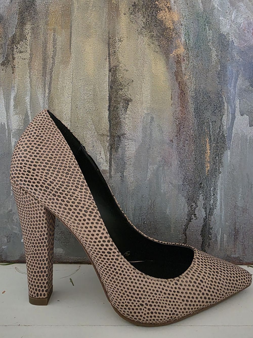 Le Chateau Genuine Leather Blush Tan Pointed Toe High Heel Pump with Dot Pattern